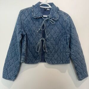 H&M Blue Quilted Denim Jacket with Tie Front
